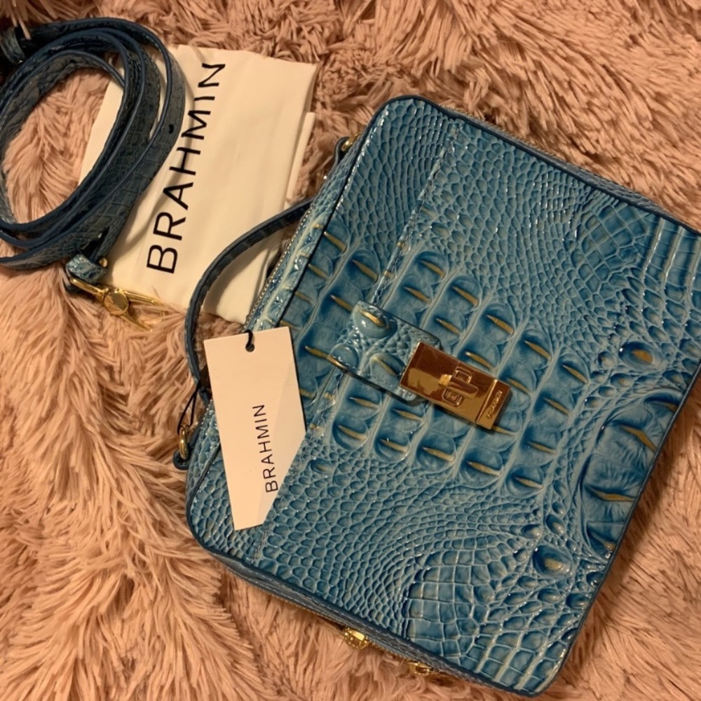 Brahmin Teal Croc-Embossed Satchel